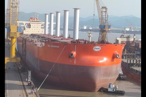 Norsepower’s first installation of its tiltable Rotor Sails on board a bulk carrier Photo: Norsepower